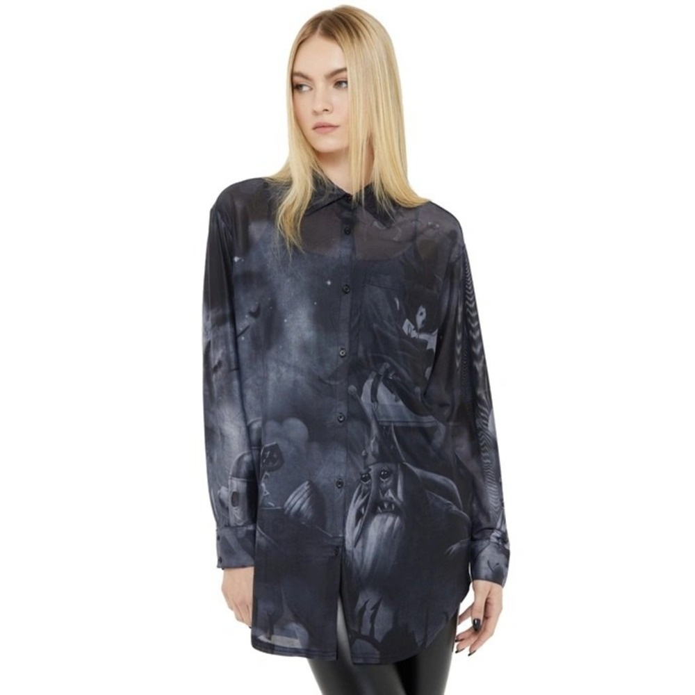 Killstar/Adventure Time collab Black Gothic Print Sheer Button-Up Blouse